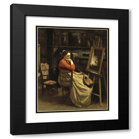 Corots Studio, Young Woman With a Mandolin Black Modern Wood Framed Art Print with Double Matting by Corot, Jean-Baptiste-Camille