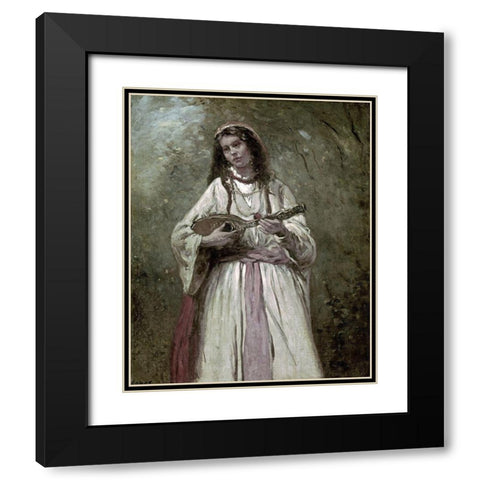 Gypsy Girl With Mandolin Black Modern Wood Framed Art Print with Double Matting by Corot, Jean-Baptiste-Camille
