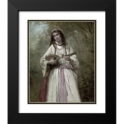 Gypsy Girl With Mandolin Black Modern Wood Framed Art Print with Double Matting by Corot, Jean-Baptiste-Camille