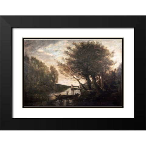 Rowing To Shore Black Modern Wood Framed Art Print with Double Matting by Corot, Jean-Baptiste-Camille