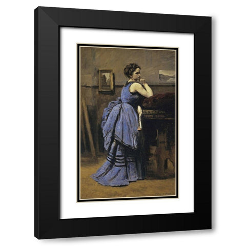 Woman In Blue Black Modern Wood Framed Art Print with Double Matting by Corot, Jean-Baptiste-Camille