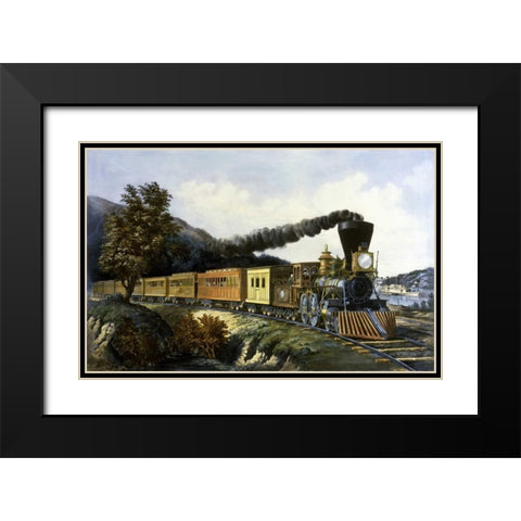 American Express Train Black Modern Wood Framed Art Print with Double Matting by Currier and Ives