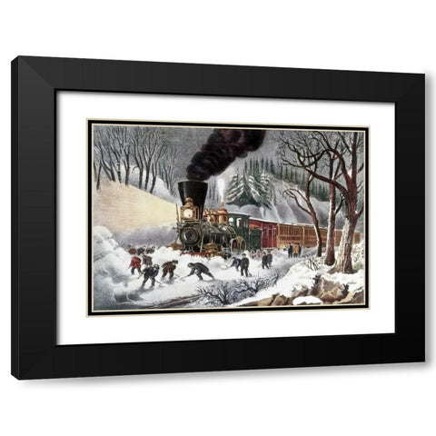 American Railroad Scene Black Modern Wood Framed Art Print with Double Matting by Currier and Ives