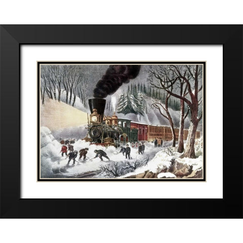 American Railroad Scene Black Modern Wood Framed Art Print with Double Matting by Currier and Ives