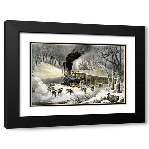 American Railroad Scene/Snowbound Black Modern Wood Framed Art Print with Double Matting by Ives, Currier and