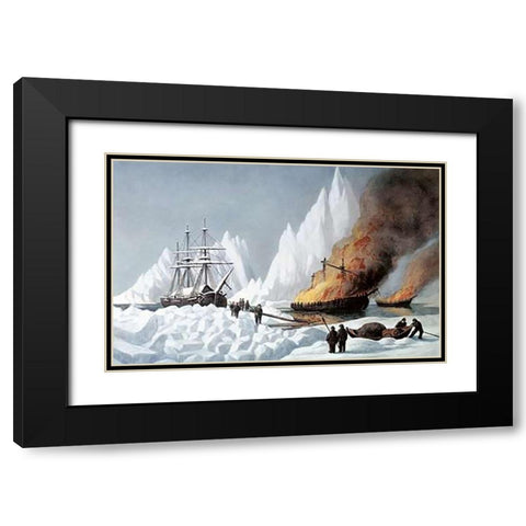American Whalers Crushed In The Ice Black Modern Wood Framed Art Print with Double Matting by Ives, Currier and