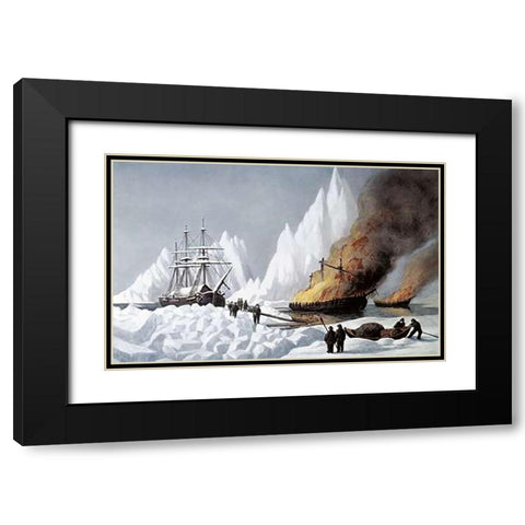 American Whalers Crushed In The Ice Black Modern Wood Framed Art Print with Double Matting by Ives, Currier and