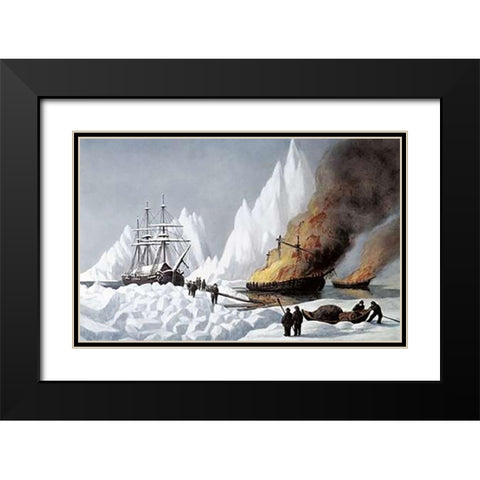American Whalers Crushed In The Ice Black Modern Wood Framed Art Print with Double Matting by Ives, Currier and