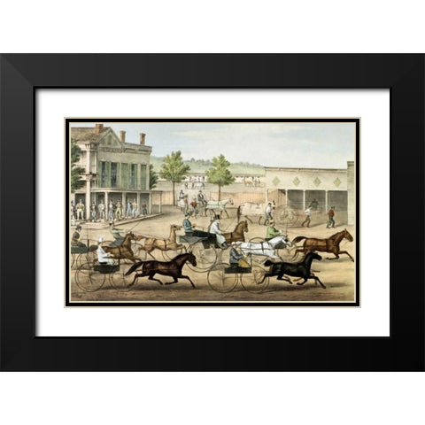 Going To The Trot Black Modern Wood Framed Art Print with Double Matting by Currier and Ives
