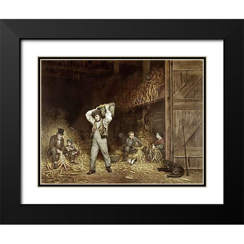 Husking Corn Black Modern Wood Framed Art Print with Double Matting by Ives, Currier and