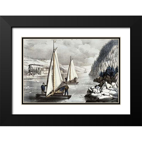 Ice Boat Race On The Hudson Black Modern Wood Framed Art Print with Double Matting by Ives, Currier and