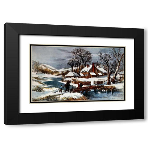 Ingleside Winter Black Modern Wood Framed Art Print with Double Matting by Ives, Currier and