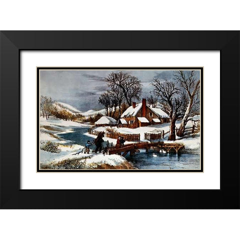 Ingleside Winter Black Modern Wood Framed Art Print with Double Matting by Ives, Currier and