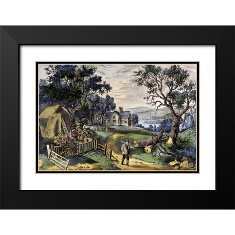 My Boyhoods Home Black Modern Wood Framed Art Print with Double Matting by Currier and Ives