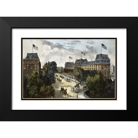 Saratoga Springs Black Modern Wood Framed Art Print with Double Matting by Currier and Ives