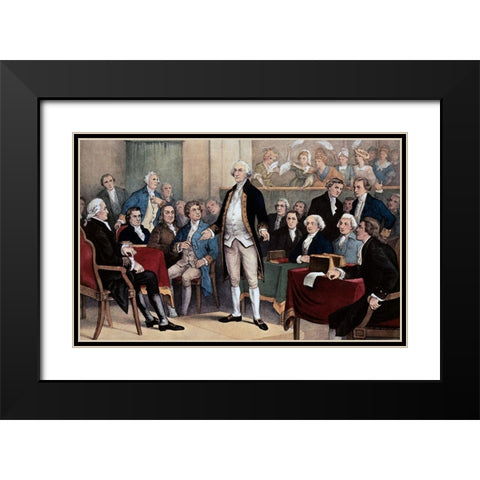 Washington Appointed Commander in Chief Black Modern Wood Framed Art Print with Double Matting by Currier and Ives,