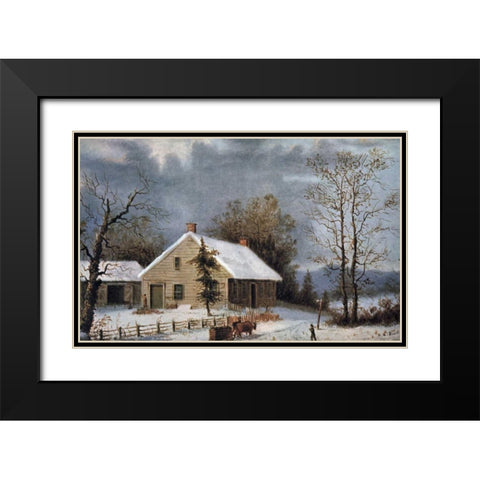 Winter Wood Black Modern Wood Framed Art Print with Double Matting by Currier and Ives