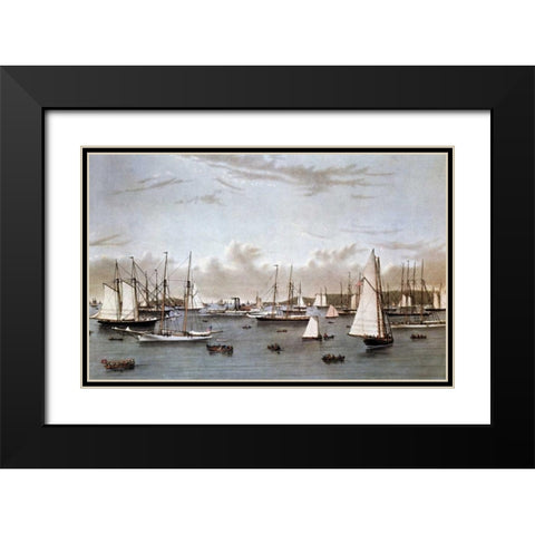 Yacht Squadron - Newport Black Modern Wood Framed Art Print with Double Matting by Currier and Ives