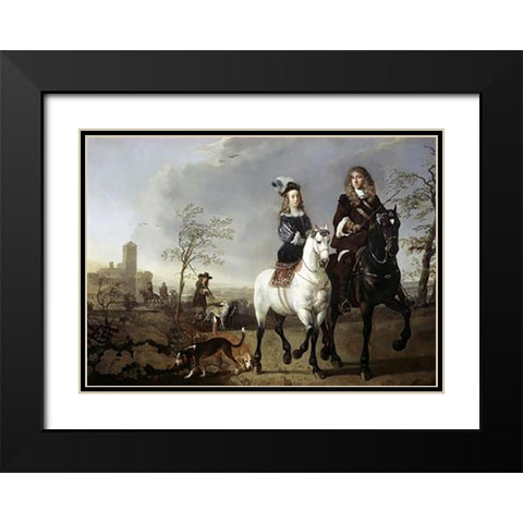 Lady and Gentleman On Horseback Black Modern Wood Framed Art Print with Double Matting by Cuyp, Aelbert