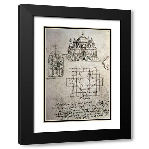 Sketch of a Square Church with Central Dome and Minaret Black Modern Wood Framed Art Print with Double Matting by Da Vinci, Leonardo
