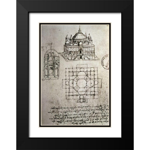 Sketch of a Square Church with Central Dome and Minaret Black Modern Wood Framed Art Print with Double Matting by Da Vinci, Leonardo