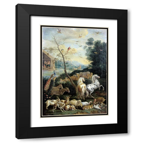 Animals Assembling before the Flood Black Modern Wood Framed Art Print with Double Matting by De Hondt, Lambert