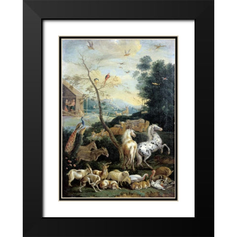 Animals Assembling before the Flood Black Modern Wood Framed Art Print with Double Matting by De Hondt, Lambert