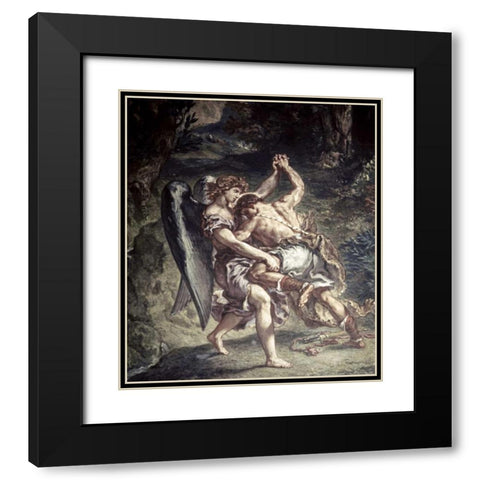 Jacob Wrestles With The Angel Black Modern Wood Framed Art Print with Double Matting by Delacroix, Eugene