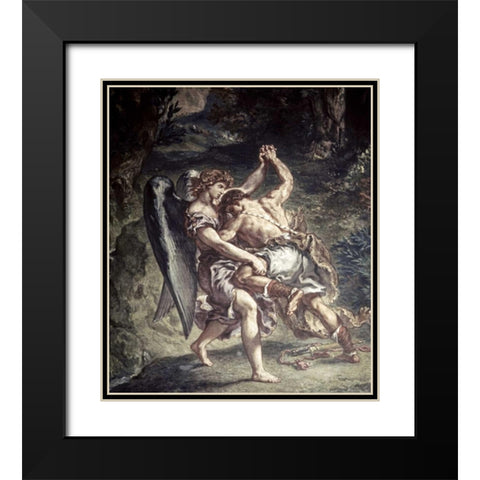 Jacob Wrestles With The Angel Black Modern Wood Framed Art Print with Double Matting by Delacroix, Eugene