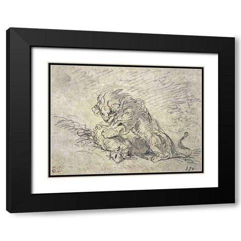 Lion Consuming a Sheep Black Modern Wood Framed Art Print with Double Matting by Delacroix, Eugene