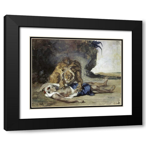 Lion Rending Apart a Corpse Black Modern Wood Framed Art Print with Double Matting by Delacroix, Eugene
