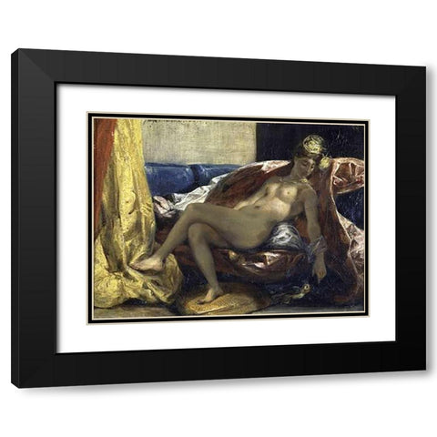 Woman Caressing a Parrot Black Modern Wood Framed Art Print with Double Matting by Delacroix, Eugene