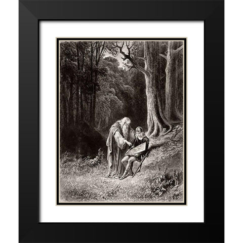 Merlin Paints The Young Knights Shield Black Modern Wood Framed Art Print with Double Matting by Dore, Gustave