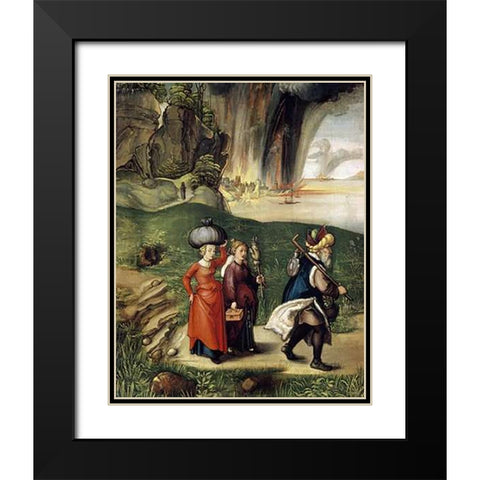 Lot and His Family Fleeing From Sodom Black Modern Wood Framed Art Print with Double Matting by Durer, Albrecht