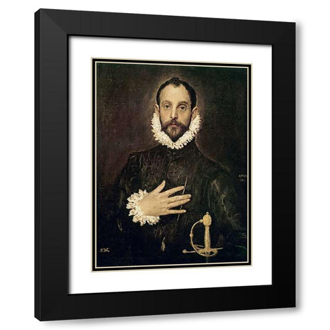 Knight With His Hand On His Breast Black Modern Wood Framed Art Print with Double Matting by Greco, El