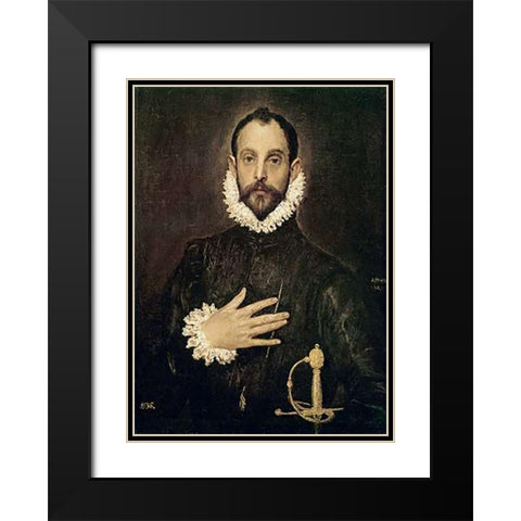 Knight With His Hand On His Breast Black Modern Wood Framed Art Print with Double Matting by Greco, El