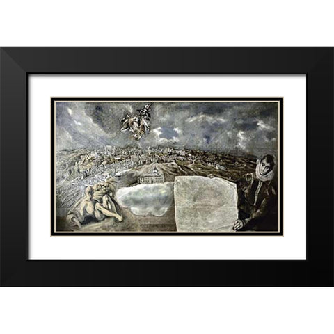 View and Plan of Toledoca Black Modern Wood Framed Art Print with Double Matting by Greco, El