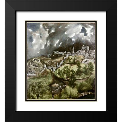 View of Toledo Black Modern Wood Framed Art Print with Double Matting by El Greco
