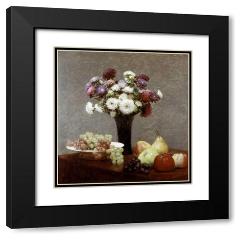 Still Life With Dahlias and Fruit Black Modern Wood Framed Art Print with Double Matting by Fantin-Latour, Henri
