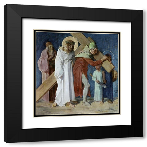 Simon of Cyrene Helps Jesus, 5th Station of The Cross Black Modern Wood Framed Art Print with Double Matting by Feuerstein, Martin