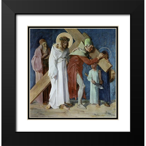 Simon of Cyrene Helps Jesus, 5th Station of The Cross Black Modern Wood Framed Art Print with Double Matting by Feuerstein, Martin