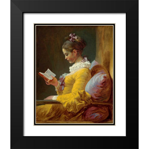 Young Girl Reading Black Modern Wood Framed Art Print with Double Matting by Fragonard, Jean Honore