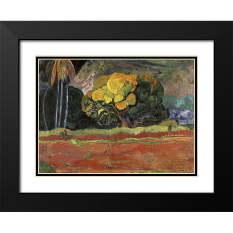 At the Foot of a Mountain - Fatata Te Moua Black Modern Wood Framed Art Print with Double Matting by Gauguin, Paul