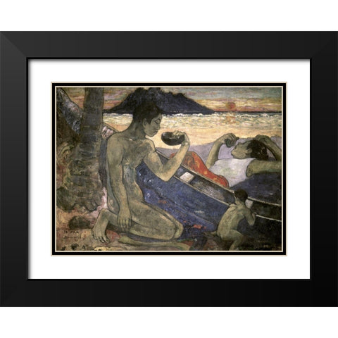 The Canoe, a Tahitian Family Black Modern Wood Framed Art Print with Double Matting by Gauguin, Paul