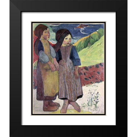Two Breton Girls By The Sea Black Modern Wood Framed Art Print with Double Matting by Gauguin, Paul