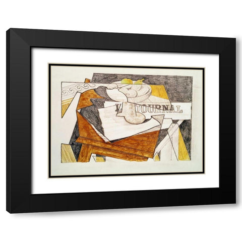 Still Life With a Newspaper and a Wooden Table Black Modern Wood Framed Art Print with Double Matting by Gris, Juan