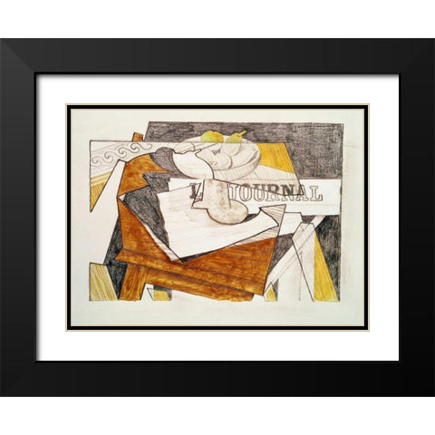 Still Life With a Newspaper and a Wooden Table Black Modern Wood Framed Art Print with Double Matting by Gris, Juan