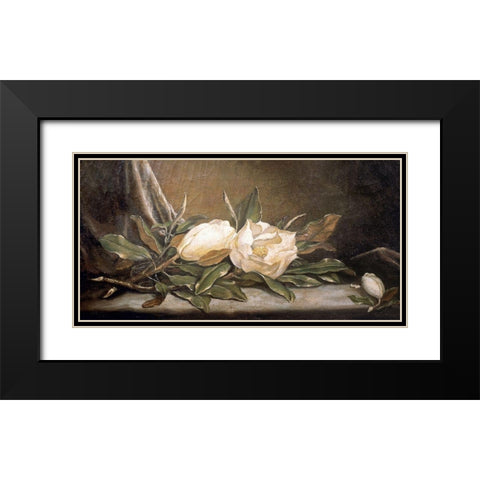 White Magnolias On a Blue Cloth Black Modern Wood Framed Art Print with Double Matting by Heade, Martin Johnson
