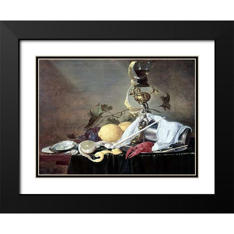 Lobster, Oyster and Lemon Black Modern Wood Framed Art Print with Double Matting by De Heem, Jan Davidsz