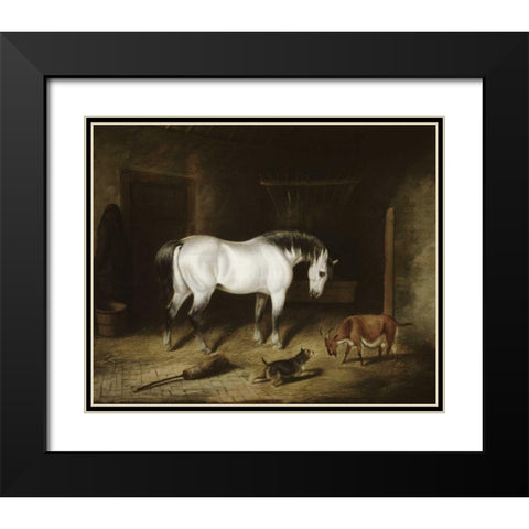 White Horse Black Modern Wood Framed Art Print with Double Matting by Herring, John Frederick